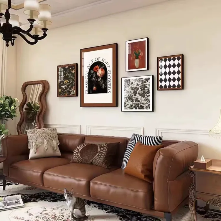 手工砂岩美式轻奢客厅高级感组合画复古法式沙发背景墙五联