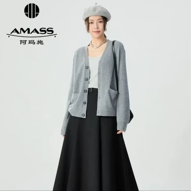 AMASS/阿玛施奢雅时尚质感宽松垂坠V领针织开衫5499268灰色秋冬