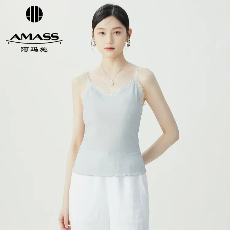 AMASS/阿玛施新款蕾丝花边拼接百搭细闪银吊带背心打底女5300516