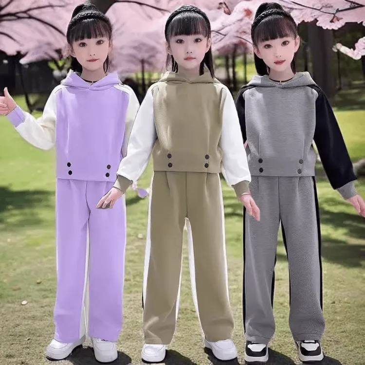 2024新款女童秋冬拼色套装洋气儿童中大童休闲连帽两件套