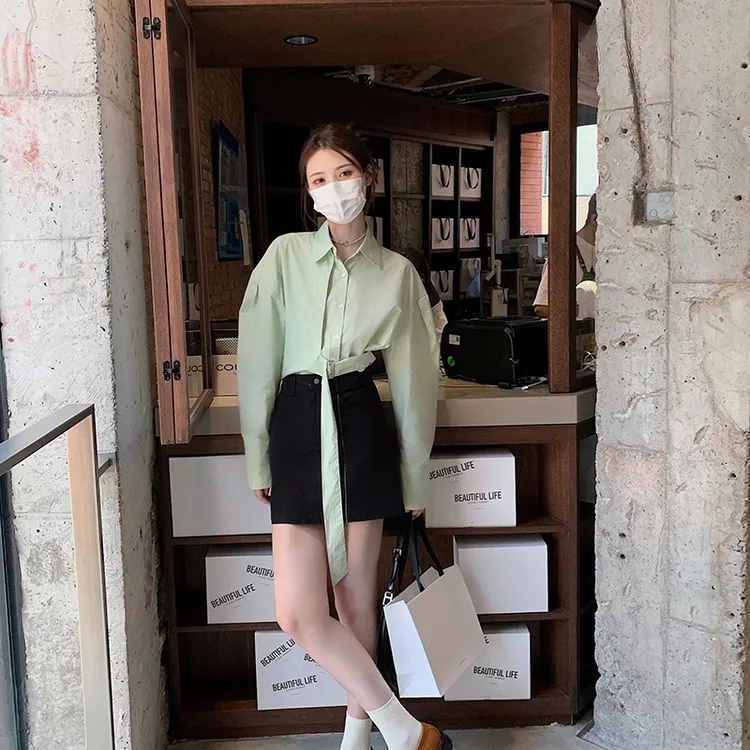 岚茜朵青葡萄硬糖腰带设计感绿色长袖衬衫女新款绑带上衣