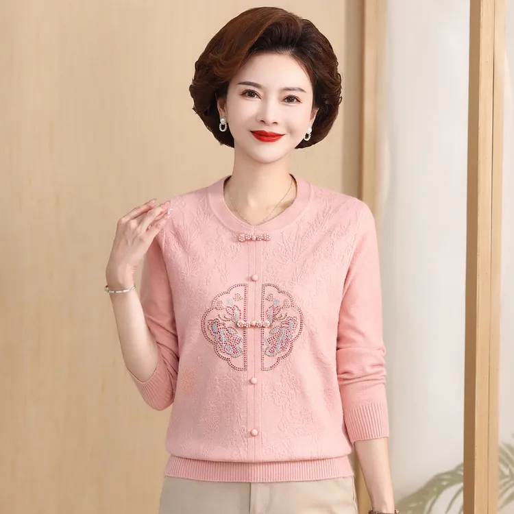 秋季新款中老年毛衣长袖提花烫钻国风洋气时尚弹力宽松上衣8638