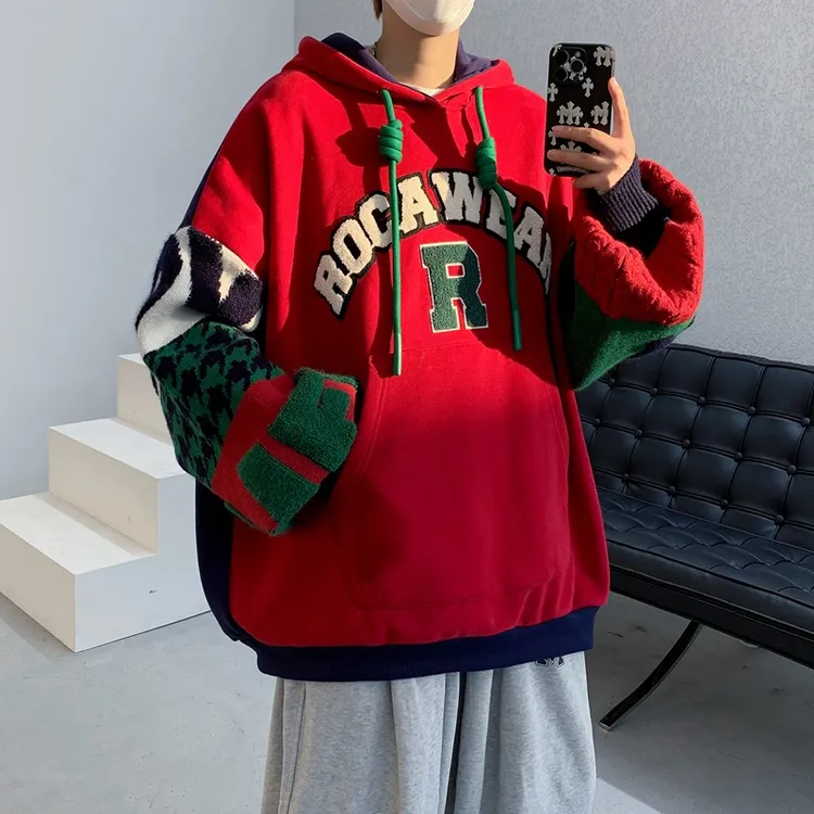 大白鲨美式ins小众圣诞卫衣男女生冬季加绒加厚撞色百搭连帽外套