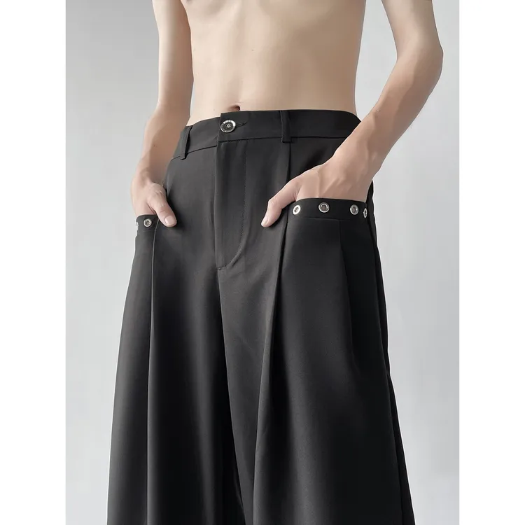 大白鲨美式高街阔腿西装裤男士小众铆钉韩版痞帅坠感百搭直筒西裤