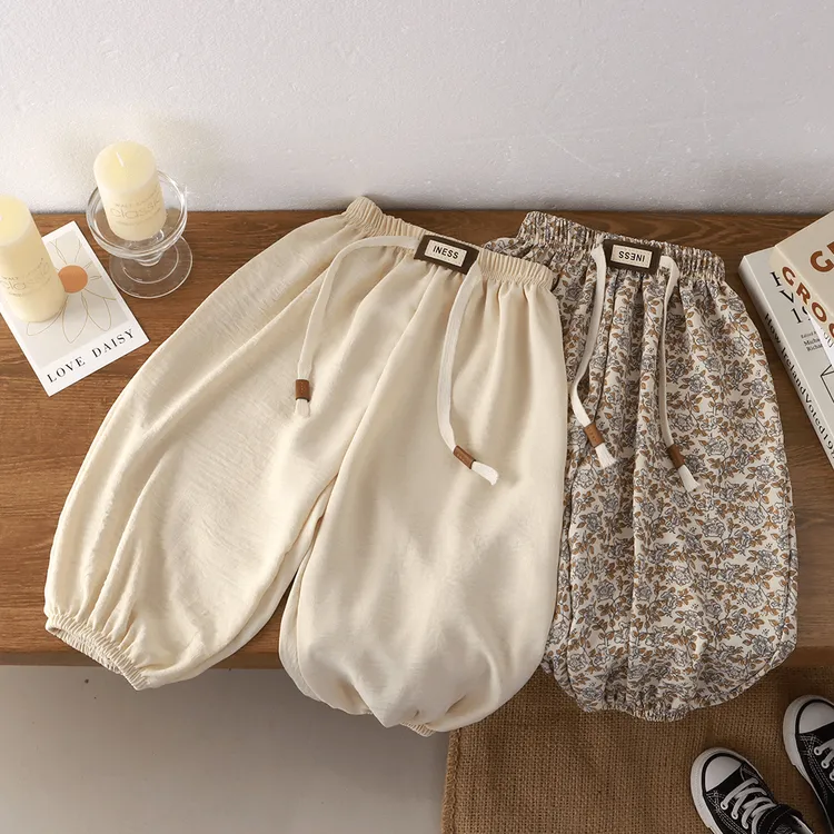 (冰丝麻)夏季新款宽松时尚洋气碎花透气薄款男女宝宝防蚊裤束脚裤