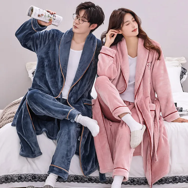 秋冬季珊瑚绒情侣睡衣男士加绒加厚睡袍法兰绒浴袍女长款大码浴衣
