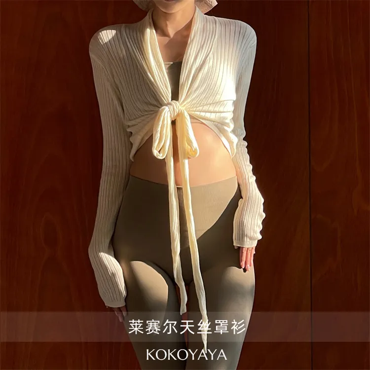 kokoyaya春季新款运动T恤女长袖绑带蝴蝶结罩衫女透气瑜伽服外穿