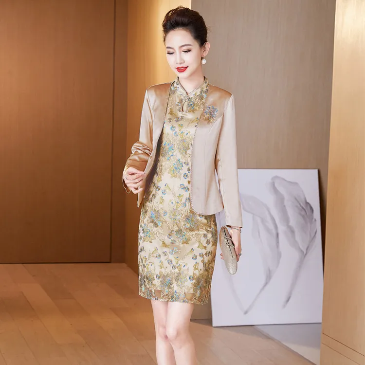 J12经典香槟金丈母娘刺绣妈妈礼服春洋气喜婆婆婚宴装秋冬两件套