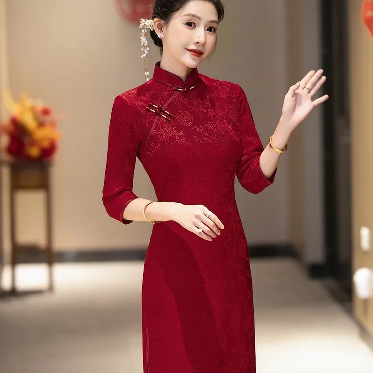C31冬季新款加绒加厚喜妈妈旗袍2025中式中国风喜婆婆婚宴中长款