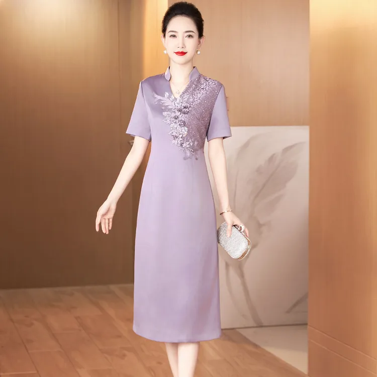 J201夏季新款2024修身显瘦高贵有气质晚宴礼服浅紫色喜婆婆连衣裙