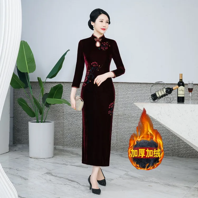 F22-秋冬新款改良丝绒旗袍女加绒长款气质喜婆婆高档婚礼服中国风
