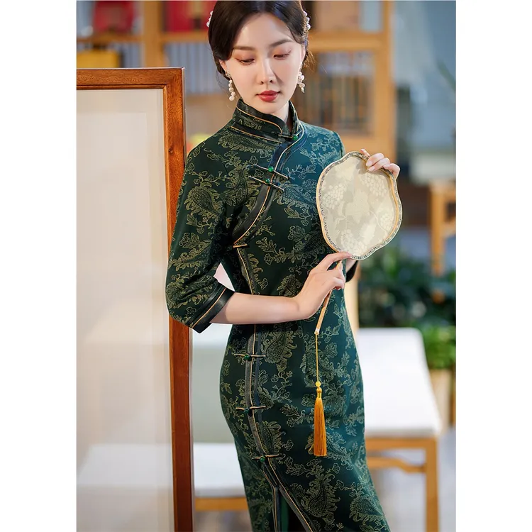 667民国老上海风显瘦新款改良版复古优雅气质长款七分袖旗袍秋冬