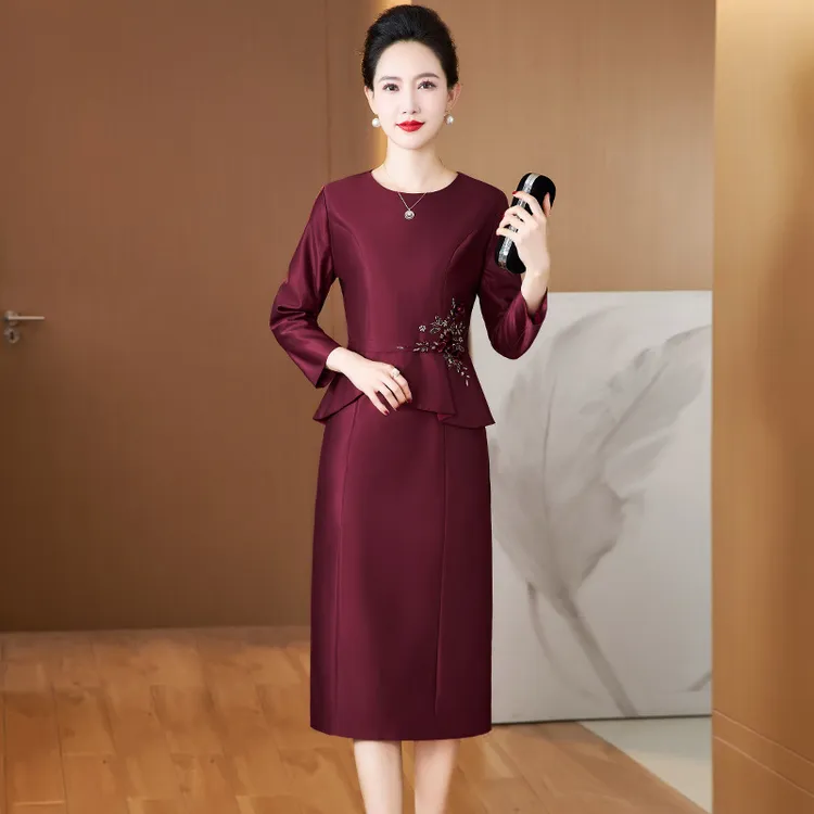 J48秋季2024中长修身遮肚假两件妈妈装时尚简约高档气质婚宴礼服