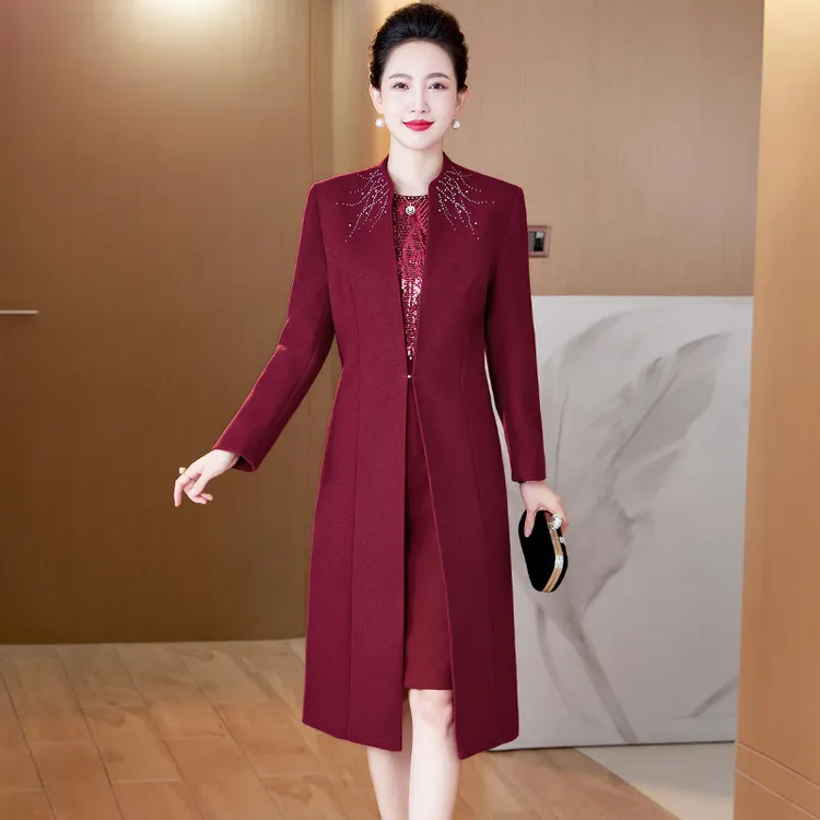 J02秋冬新品中老年毛呢外套大衣婚宴喜婆婆高档气质套装晚礼服裙