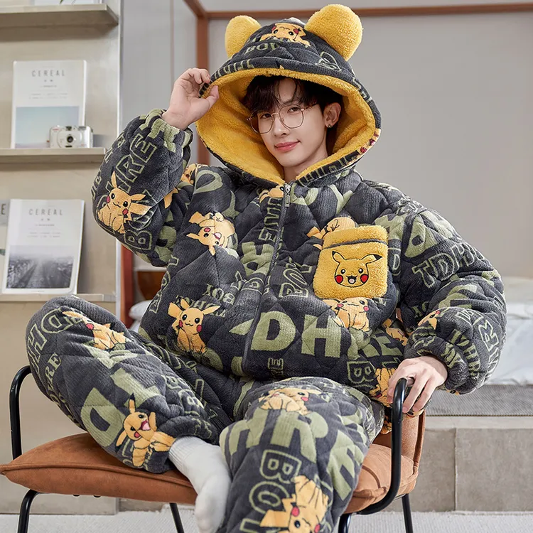 YUZHAOLIN/俞兆林青少年冬季新品时尚洋气法兰绒三层夹棉男士睡衣