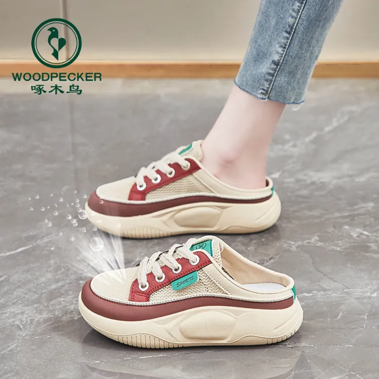 啄木鸟夏季镂空单网面包头半拖鞋2024新款薄款踩屎感运动外穿休闲