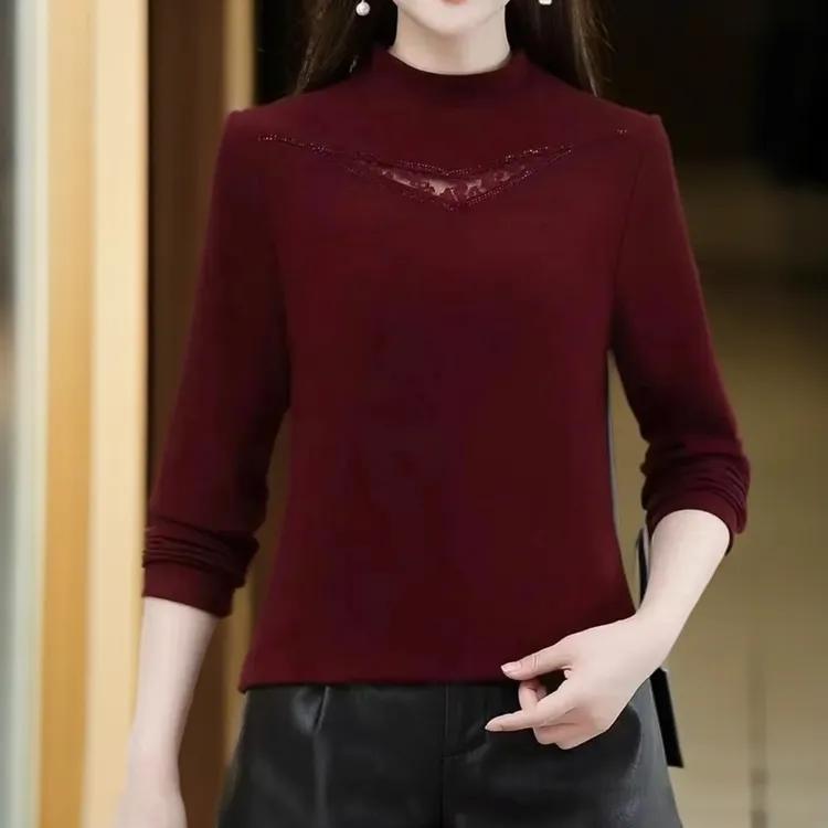 秋季新款半高领镂空纯色提花烫钻洋气精品时尚长袖百搭小衫打底衫