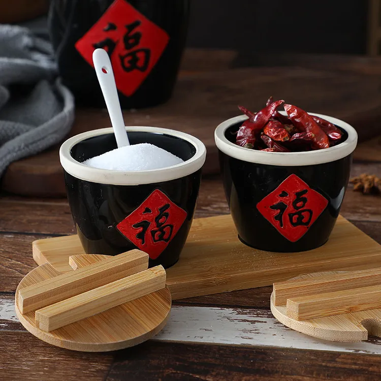 福字缸餐桌摆件小水缸带盖汤盅陶瓷储物调料缸调味罐酱缸创意菜缸
