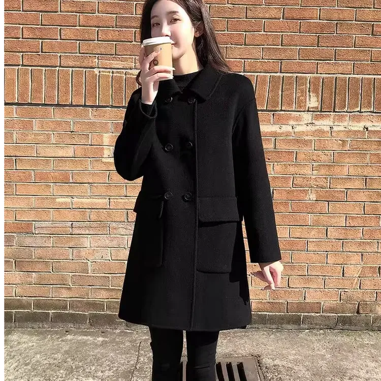 【LD,YX-2】黑色双面绒大衣女中长款冬季高端时尚大衣外套2232--2