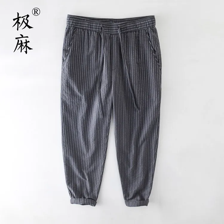 L8105复古条纹松紧腰直筒薄款休闲裤男士抽绳青年透气宽松九分裤