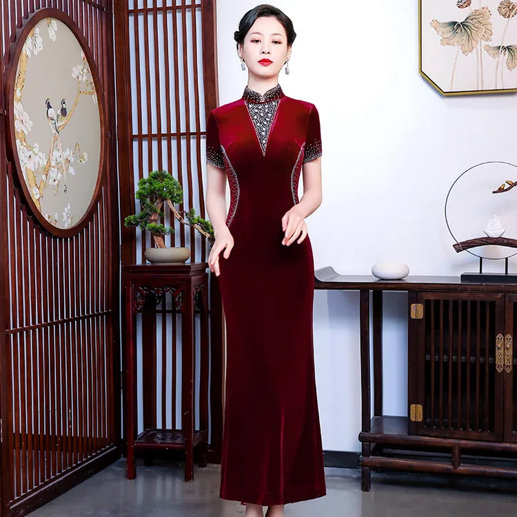 中式长款金丝绒旗袍裙宴会妈妈婚宴夏季满庭芳修身中国风秀禾高端