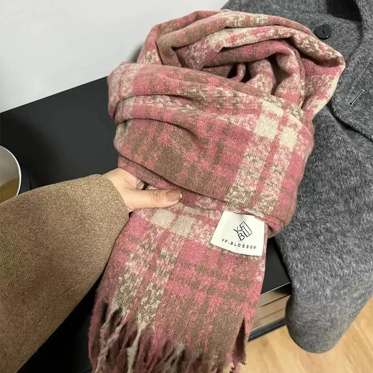 显白精致潮格子围巾女冬季干枯玫瑰粉色围脖秋冬氛围感高级感百搭
