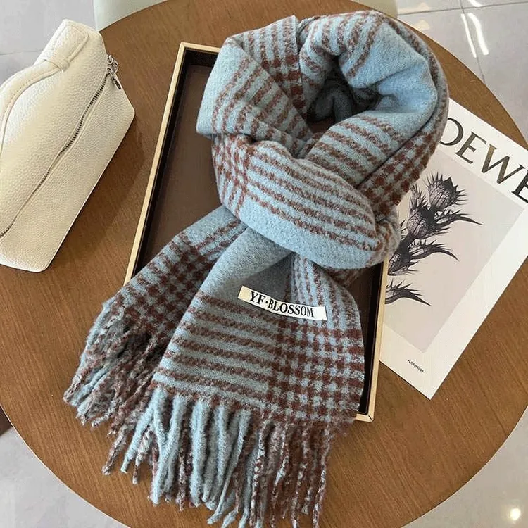 格子新款围巾秋冬季废土风海盐蓝韩版保暖围脖情侣学生百搭披肩