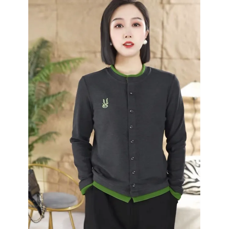 2025新西静艺圆领低领澳绒柔软假两件扣子拼色女士打底衫上衣卫衣