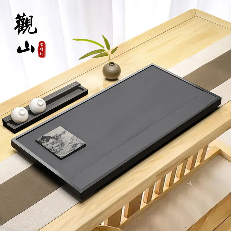 天然乌金石影雕山水人家国画整块中式高端复古轻奢排水茶盘茶托台