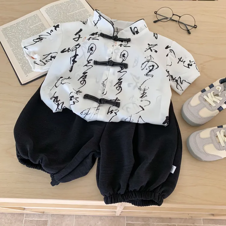 中国风男童唐装薄款儿童新中式两件套男宝夏季短袖汉服男童