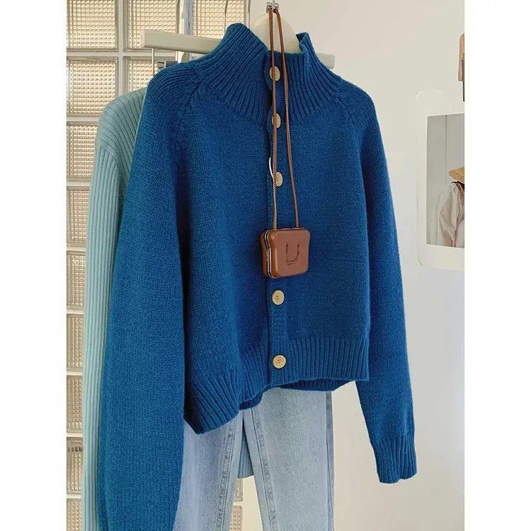 克莱因蓝半高领针织开衫外套女款冬季小个子外穿加厚毛衣洋气上衣