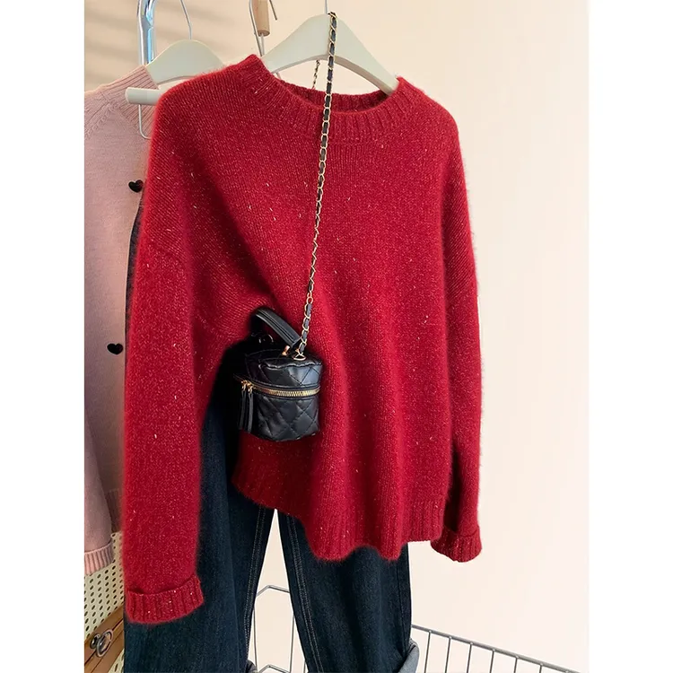 新年红色圆领套头针织衫女内搭秋冬慵懒风加厚打底衫毛衣高档上衣