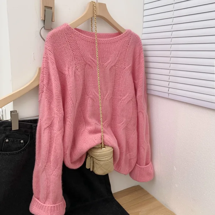 粉色麻花套头针织衫秋冬女装慵懒风宽松毛衣2023新款高档洋气上衣
