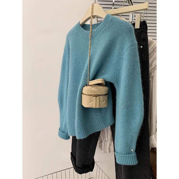 慵懒风蓝色套头针织衫女秋冬季内搭软糯毛衣小个子设计感加厚上衣