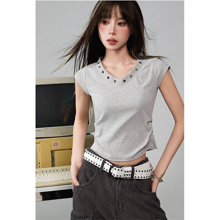 美式甜辣灰色正肩v领修身短袖t恤女夏夏季设计感小众短款掐腰上衣