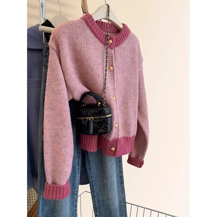 小香风粉色针织开衫外套女秋冬款小个子高档洋气外搭短款毛衣上衣
