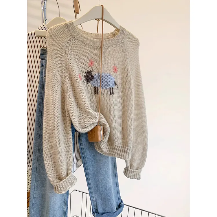 慵懒风小羊套头针织衫女秋冬季2023新款外穿软糯内搭打底毛衣上衣