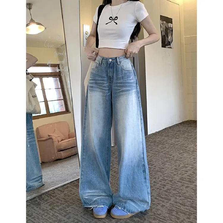 水洗蓝色阔腿牛仔裤女夏季复古高腰直筒裤子百搭宽松休闲拖地长裤