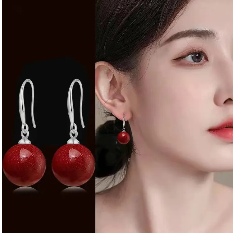 含辰砂工艺品过年红色气质本命年辰砂简约百搭纯银防百搭耳饰
