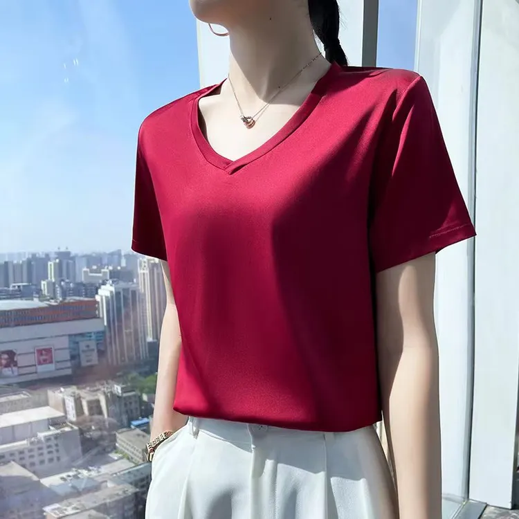 80-160斤V领短袖宽松百搭打底红色显瘦女背心内搭纯色春夏半袖