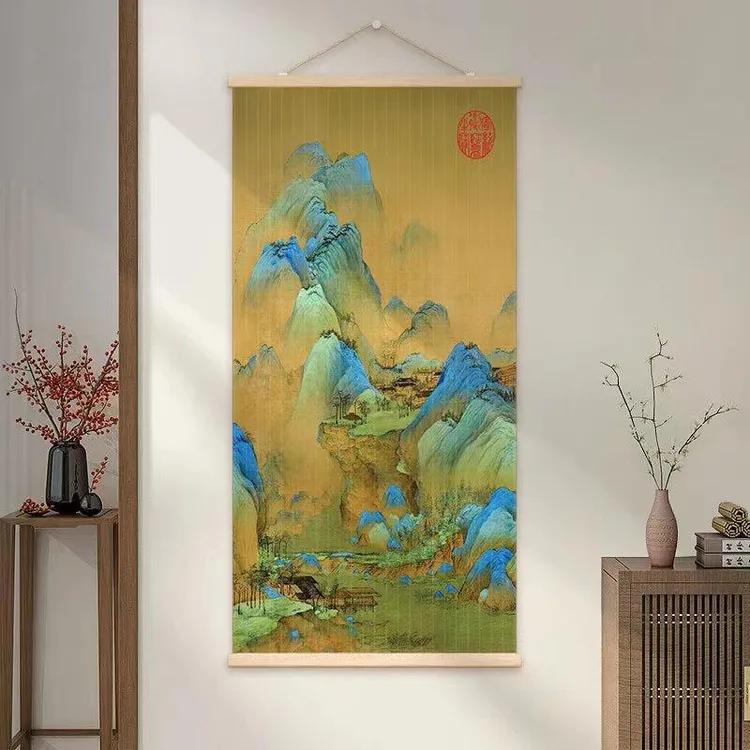 千里江山新中式山水画竹编挂画入户玄关画茶室书房装饰工艺画背景