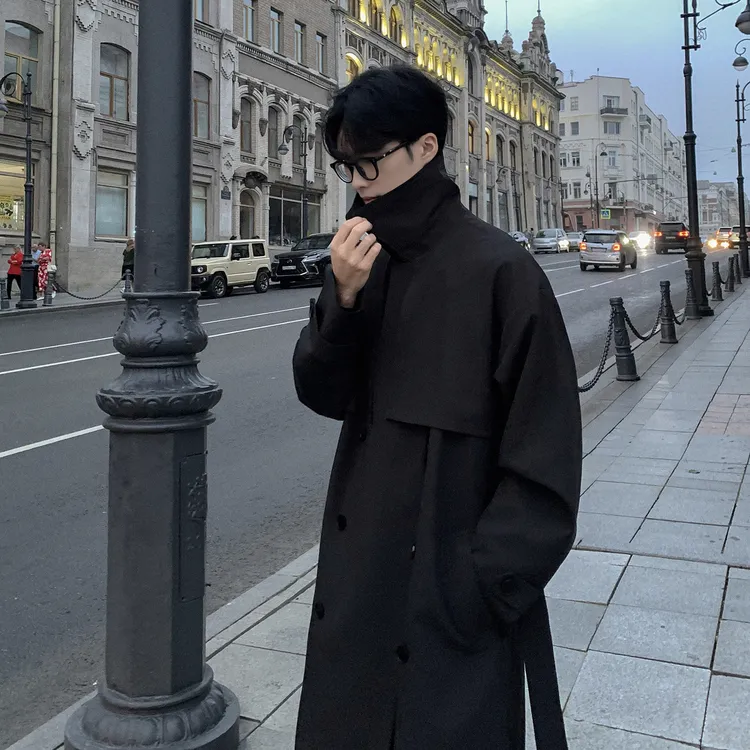 风衣外套男款春秋季中长款英伦风痞帅西装领双排扣长款过膝大衣潮