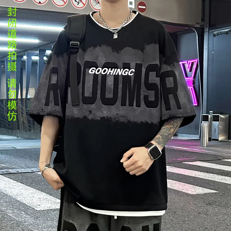 美式复古假两件短袖T恤男士夏季爆款重磅大码宽松青少年半袖体恤