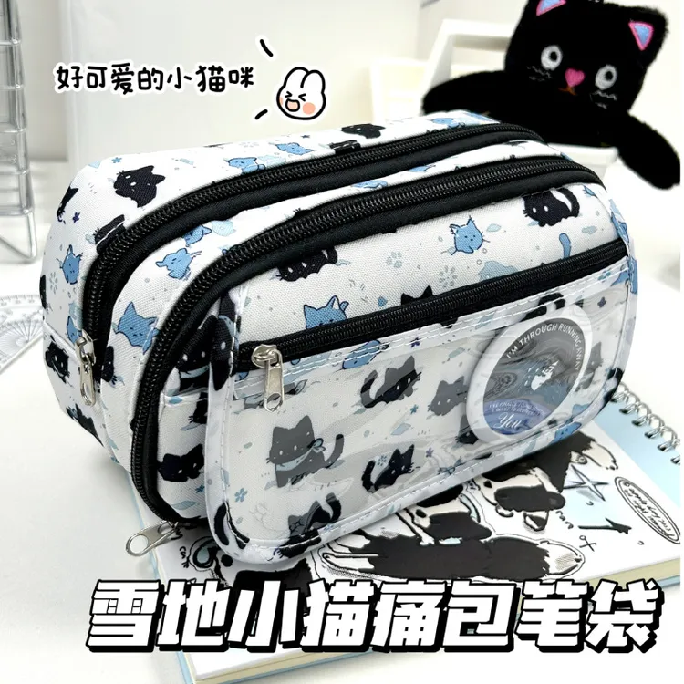 新款雪地小猫痛包笔袋ins高颜值大容量多层翻盖可视窗文具收纳袋