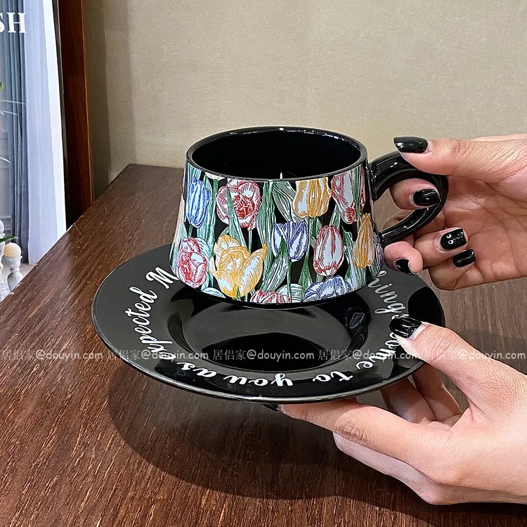 高级陶瓷咖啡杯碟套装小众中古杯子下午茶拿铁杯马克杯创意情侣杯