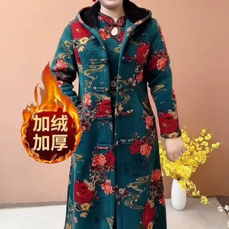 冬季上档次新款百搭加绒遮肉连帽风衣时尚中老年保暖加厚外套棉服