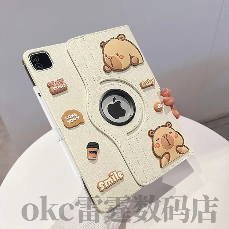 DIY卡通360旋转支架适用苹果ipad789代10.2保护套Air6带笔槽pro11