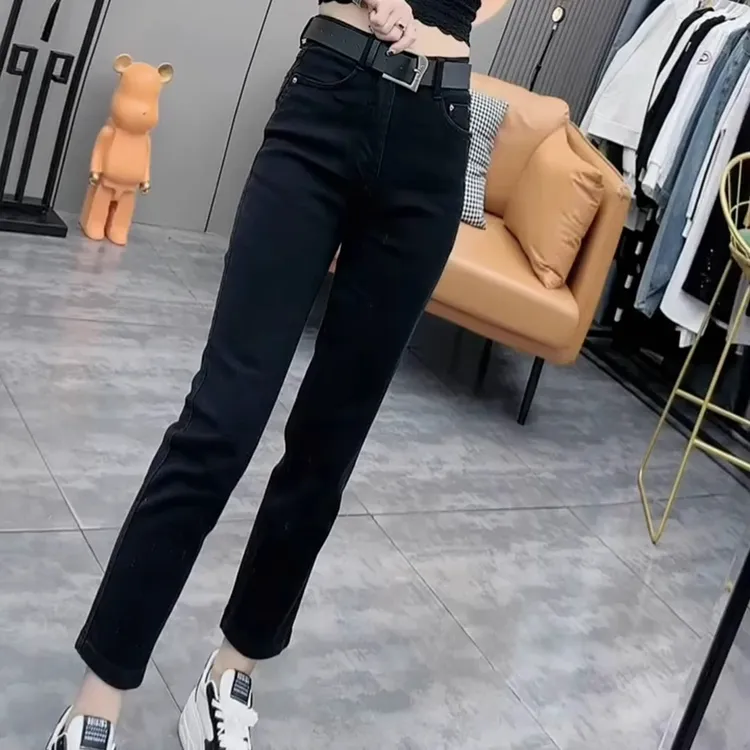 黑色秋冬加绒高腰烟管牛仔裤女大码宽松显瘦胖MM弹力九分直筒裤子