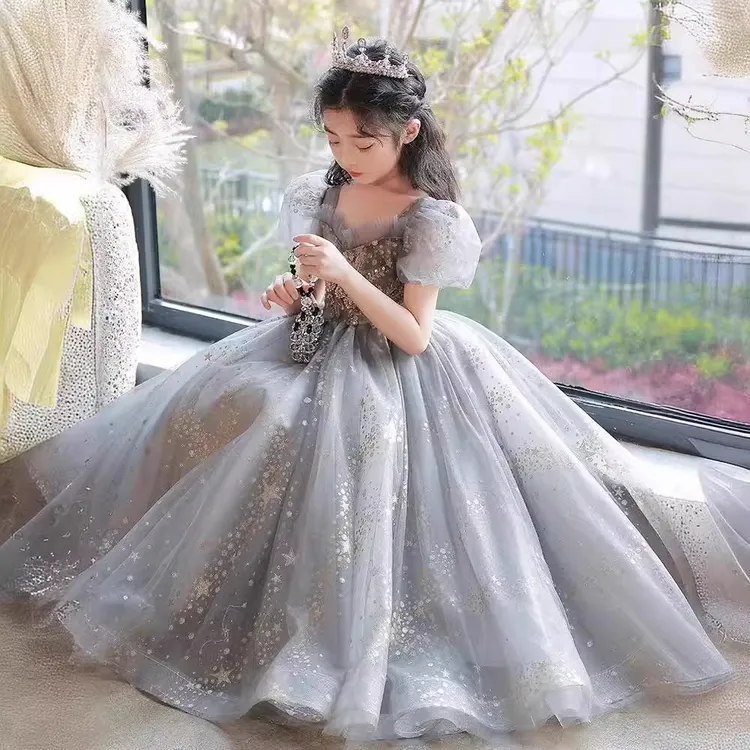 儿童礼服2024夏新时尚亮片网纱公主裙高端女童钢琴演出婚纱花童服