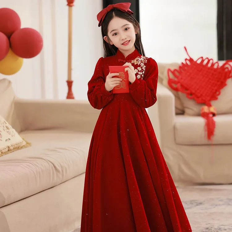 红色礼服女童高端公主裙冬季花童婚礼小女孩主持人儿童钢琴演出服